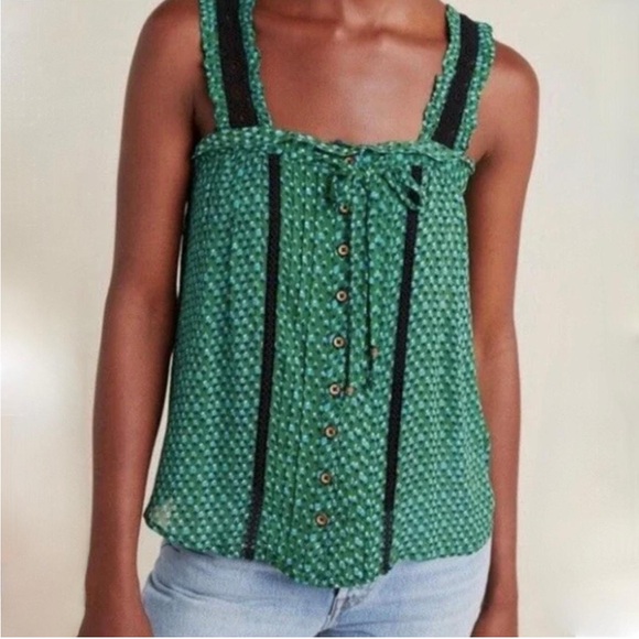 Anthropologie Tops - Anthropologie Bardot Ruffle & Lace Trim Tank, Green Print, Buttons, Size 2